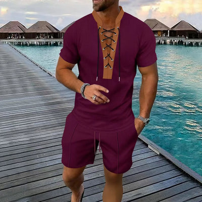 The 2025 men's new waffle checkered round-neck fashionable top, a two-piece casual suit with a rope short sleeve and shorts