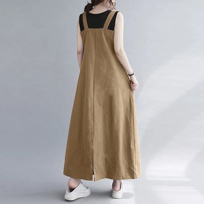 Women Sleeveless Maxi Dress Fashion Workwear Pockets Vestidos 2023 Summer Adjustable Shoulder Straps Dresses Streetwear