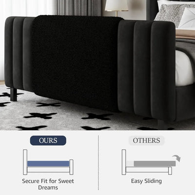 Queen Size Bed Frame with Tall Headboard and Footboard, Boucle and Velvet Upholstered Bed Frame Queen with LED Lights