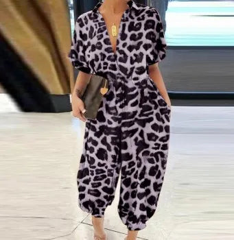 Women's New Jumpsuit Long Fashionable Leopard Print Jumpsuit Women's Retro Short Sleeved Button Casual Loose Pants Jumpsuit