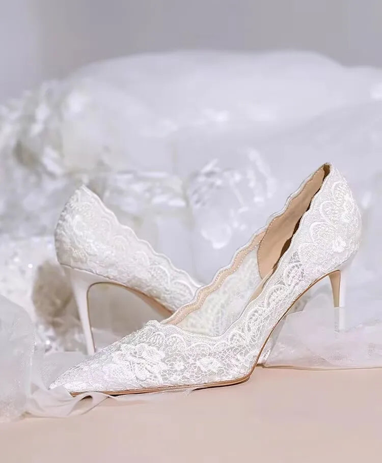 White Wedding Shoes Bridal Shoes Design Sense Niche Lace Pointed Stiletto Heel Shallow French High Heels Female Temperament