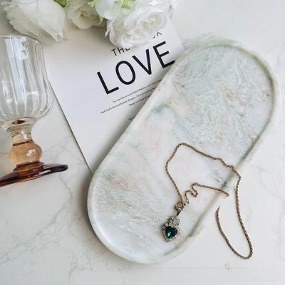 Luxury Green Marble Oval Tray: Bathroom Organizer & Fruit Serving Platter, Waterproof Stone Decor for Hotel Spa Home Kitchen