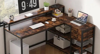 L Shaped Desk with Drawers and Storage Shelves, Home Office L Corner Desk with Monitor Stand, 55" x 24" Desktop Computer Desk