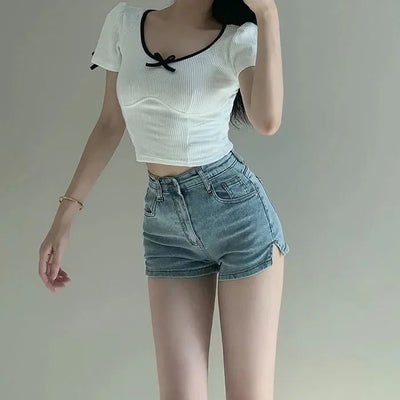 Women's Light Blue Open Denim Shorts Spice Girls Summer New High Waist Slim Skinny Elasticated Peplum Hot Pants Trendy Shorts