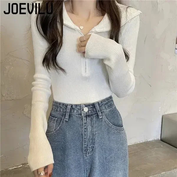 Zip Half Open Collar Knitted Sweater Spring and Autumn Long Sleeve Slim Bottom Shirt Women's Chic Top Pullover Y2k Korean Pulls