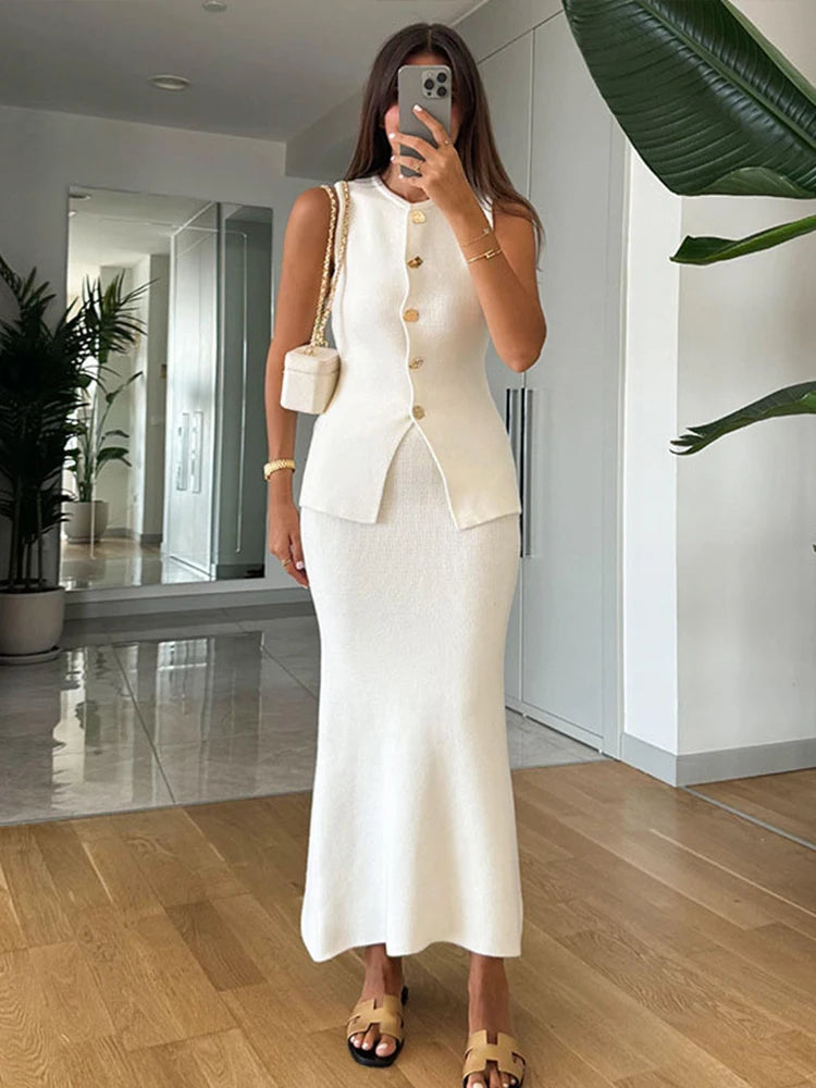 Single Breasted Knit Vest Mermaid Dress Woman Set O-Neck Split Sleeveless Top Solid Color Slim Long Dresses Casual Women Sets