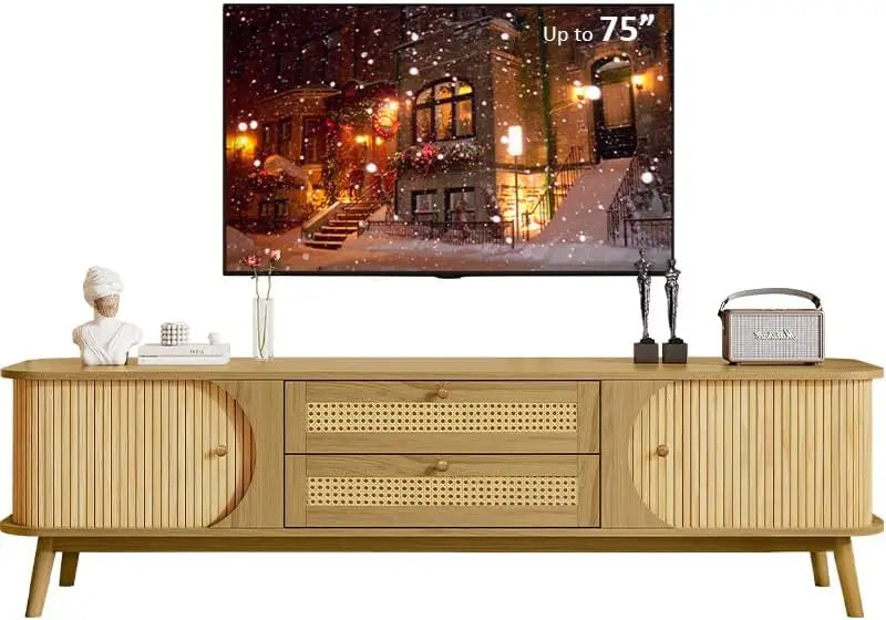 Modern Fluted TV Stand for 75" TVs – Mid-Century Entertainment Center with Tambour Door & Rattan-Fronted Media Console