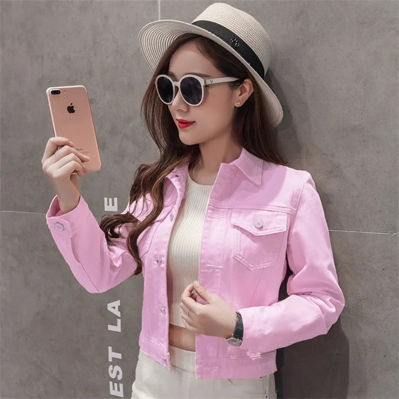 Spring Autumn Women Short Denim Jacket Candy 8 Colors Streetwear Chic Jean Coat Lady Slim Small Outerwear Female casual Tops