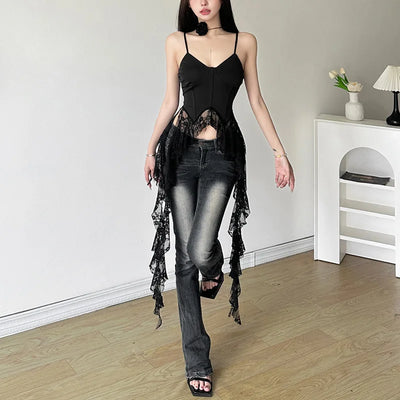 2025 Y2k Aesthetic Irregular Lace Ruffled Tank Top Women Sexy Skinny Design Corset Stretch Tube Streetwear Bandage Grunge Tanks