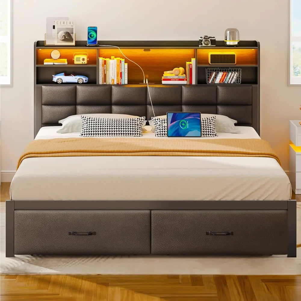 Bed Frame Queen Size with Drawers and Charging Station,Metal Frame,Upholstered Platform Bed with Storage Headboard and LED Light