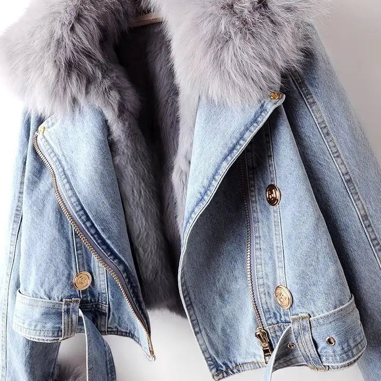 Short Thicken Denim Jacket For women 2025 Autumn Winter Detachable Imitation Fox fur Zipper Denim Coat Female Warm Parker Tops