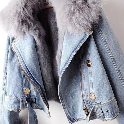 Short Thicken Denim Jacket For women 2025 Autumn Winter Detachable Imitation Fox fur Zipper Denim Coat Female Warm Parker Tops