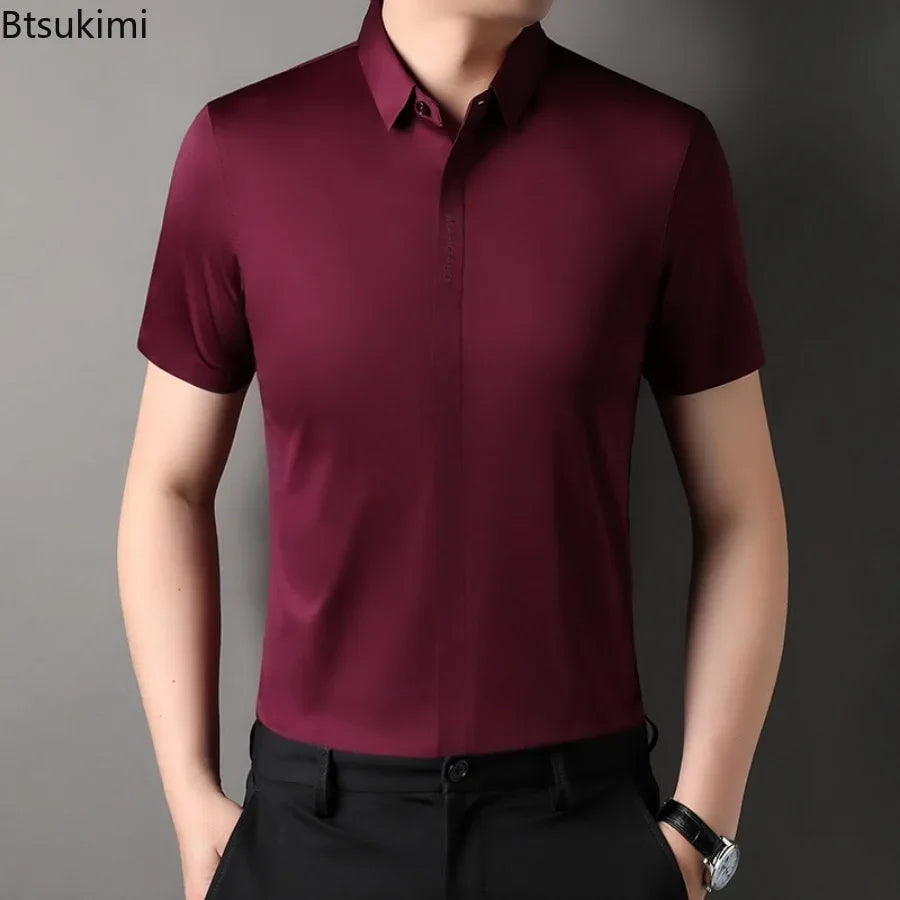 Summer New High-grade Hidden Button Men's Light Luxury Short Sleeve Shirts Men High Elastic Business Anti-wrinkle Ice Silk Shirt