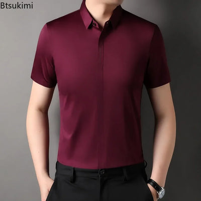 Summer New High-grade Hidden Button Men's Light Luxury Short Sleeve Shirts Men High Elastic Business Anti-wrinkle Ice Silk Shirt