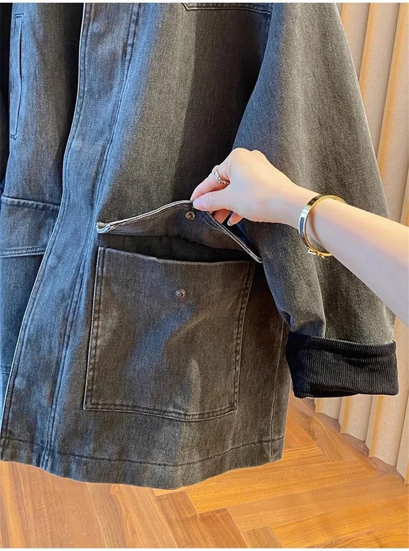 Contrasting Corduroy Spliced Denim Jacket for Women Mid Length Loose Coat Autumn Winter Pocket Outwear Versatile