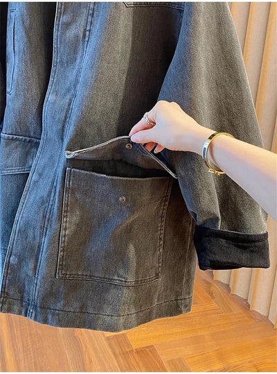 Contrasting Corduroy Spliced Denim Jacket for Women Mid Length Loose Coat Autumn Winter Pocket Outwear Versatile