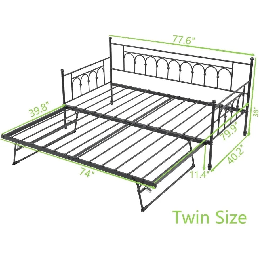 Twin Daybed with Trundle and Storage Bag Metal Daybed with Pop Up Trundle Day Bed Farm with Steel Slat port Sofa Bed for Teens