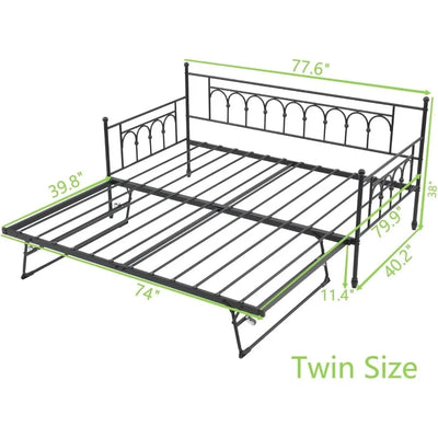 Twin Daybed with Trundle and Storage Bag Metal Daybed with Pop Up Trundle Day Bed Farm with Steel Slat port Sofa Bed for Teens