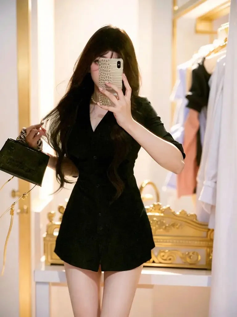 Korean Style Sexy Shirt Dress Women's Waist-Cinching Mini Dress Polo Collar Pleated Design Empire Waistline Fashionable Gown