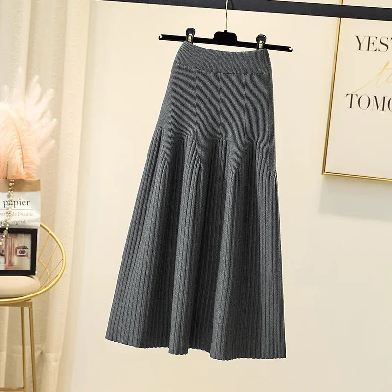 2025 Women's High Waisted Thickened Knitted Skirt Mid-length Wool Skirt All-match A-line Long Skirt Autumn Winter Skirts Female