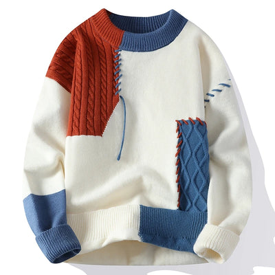 2024 Patchwork Knitted Sweater Trend High Street Autumn Winter Warm Men's Tops Hip-hop Street Clothing Fishing Sports Pullover