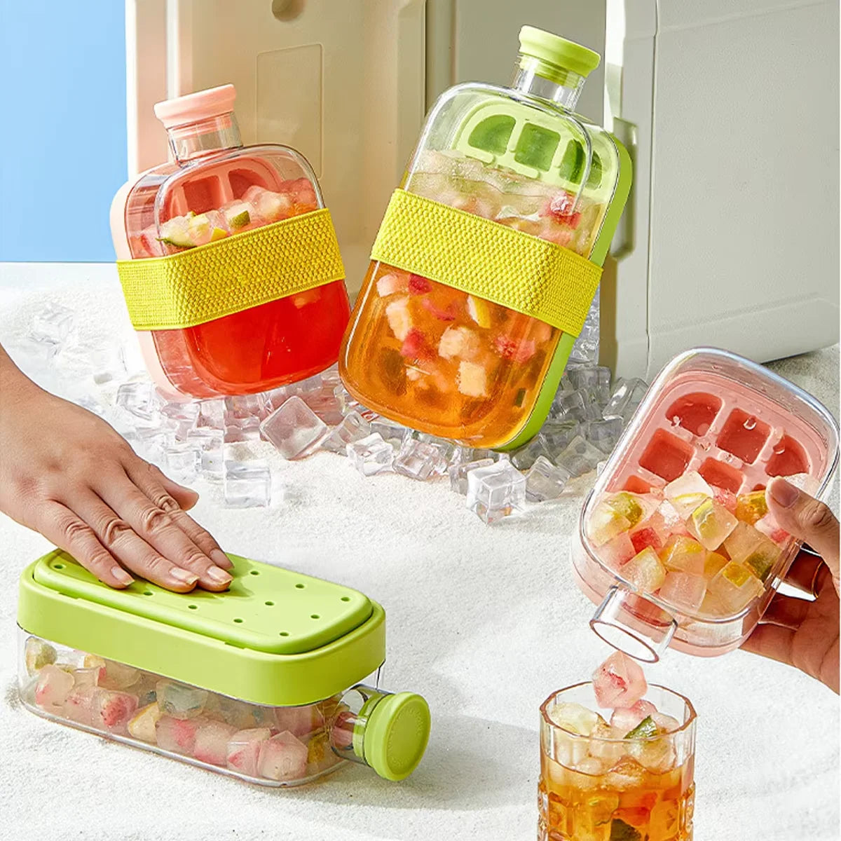 12 Grids Pressing Ice Cube Tray Block Mold 500ML Water Bottle With Straw Ice Making Mold Kitchen Tool Household Sealed Ice Maker