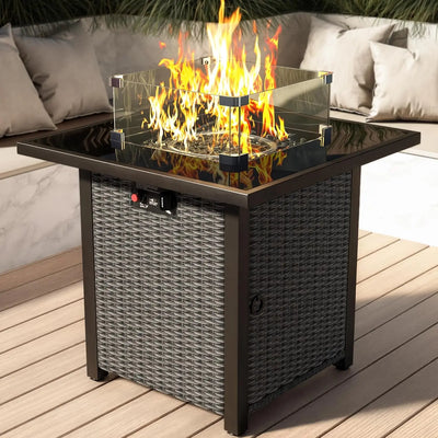 Propane Outdoor Fire Pit Table, 28" Rattan Square Fire Pit Table, Outdoor Gas FirePit W/Glass Wind Guard