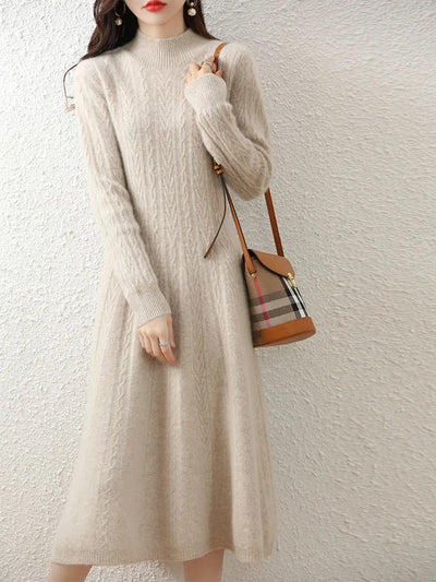 Elegant Fashion Dresses Cashmere Sweater Knitted Long Dress 100% Merino Wool Women Turtleneck Office Skirt Autumn Winter Clothes