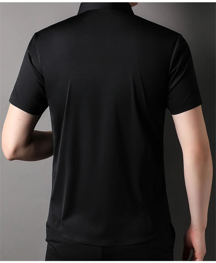 Summer New High-grade Hidden Button Men's Light Luxury Short Sleeve Shirts Men High Elastic Business Anti-wrinkle Ice Silk Shirt