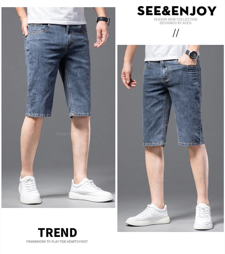 Fashion Men's Straight Denim Shorts Summer Thin Elastic Casual Bermuda Jeans Breathable Fabric Male Clothes Boardshorts