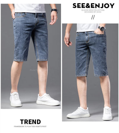 Fashion Men's Straight Denim Shorts Summer Thin Elastic Casual Bermuda Jeans Breathable Fabric Male Clothes Boardshorts