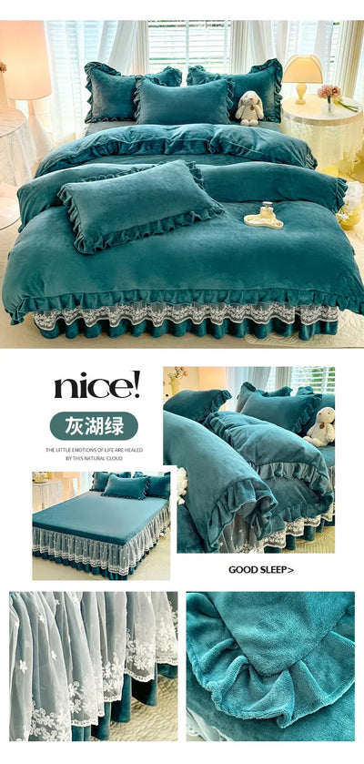 2024 hot solid color Korean version lace bed skirt kit flannel quilt cover thickened warm four-piece set