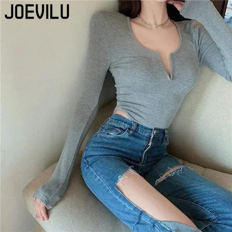 Women's Slim Bodysuit Sexy Solid Color Long Sleeve T-shirt Korean Skinny Top Club Party Festival Outfit Black Gothic One-pieces