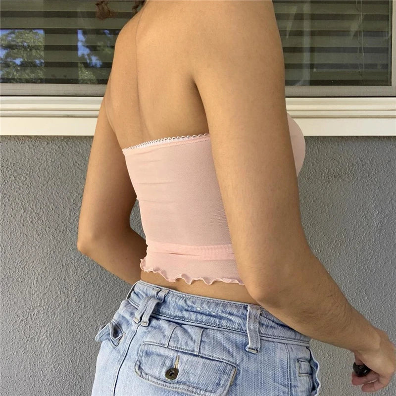 Xingqing y2k Off Shoulder Top Women Fairy Grunge Clothes Summer Sleeveless Lace Trim Patchwork Strapless Tshirt 2000s Streetwear