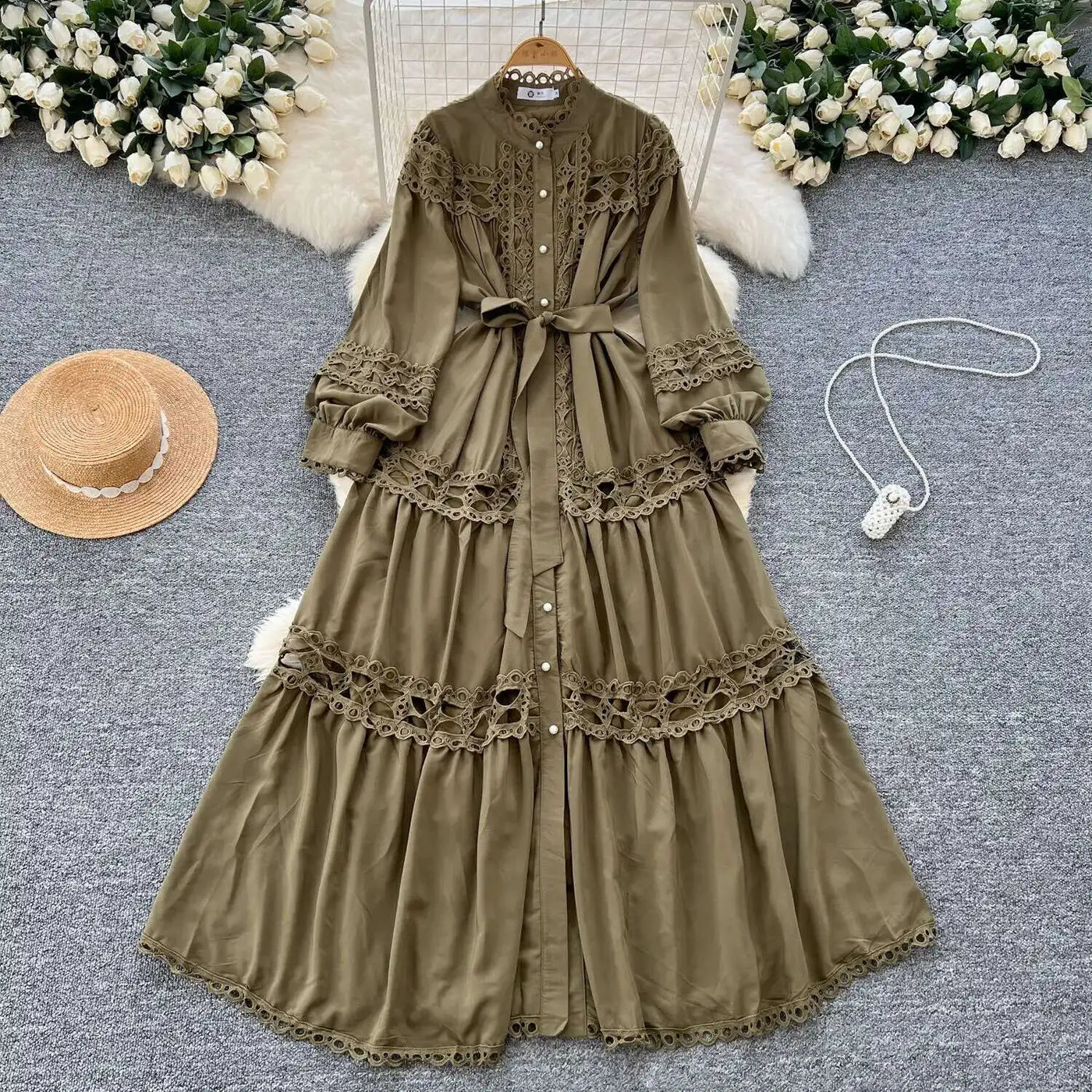 Elegant Long Maxi Hollow Out Dress Shirt Women Summer Autumn Palace Retro Pearl Button Embroidery Crochet Evening Party Vestidos