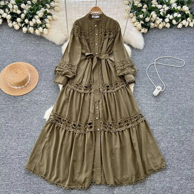 Elegant Long Maxi Hollow Out Dress Shirt Women Summer Autumn Palace Retro Pearl Button Embroidery Crochet Evening Party Vestidos