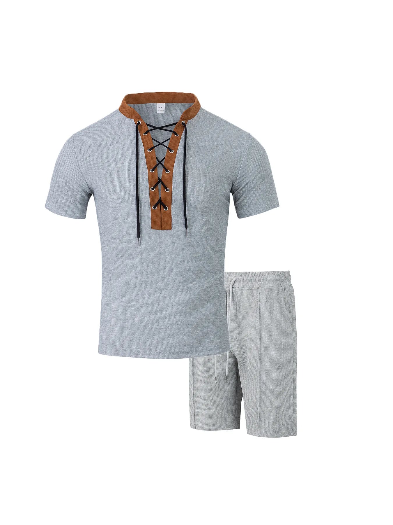 The 2025 men's new waffle checkered round-neck fashionable top, a two-piece casual suit with a rope short sleeve and shorts