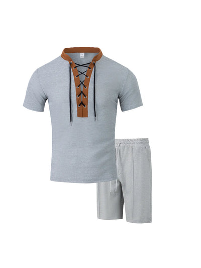The 2025 men's new waffle checkered round-neck fashionable top, a two-piece casual suit with a rope short sleeve and shorts