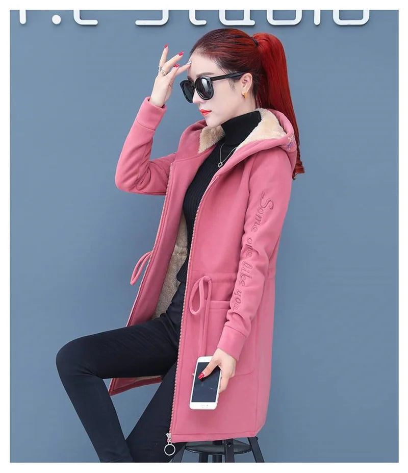 Plus Velvet Thicken Lamb Plush Coat Female 2024 New Autumn And Winter Parka Lace-Up Of Hooded Loose Long Trench Coat Embroid LA