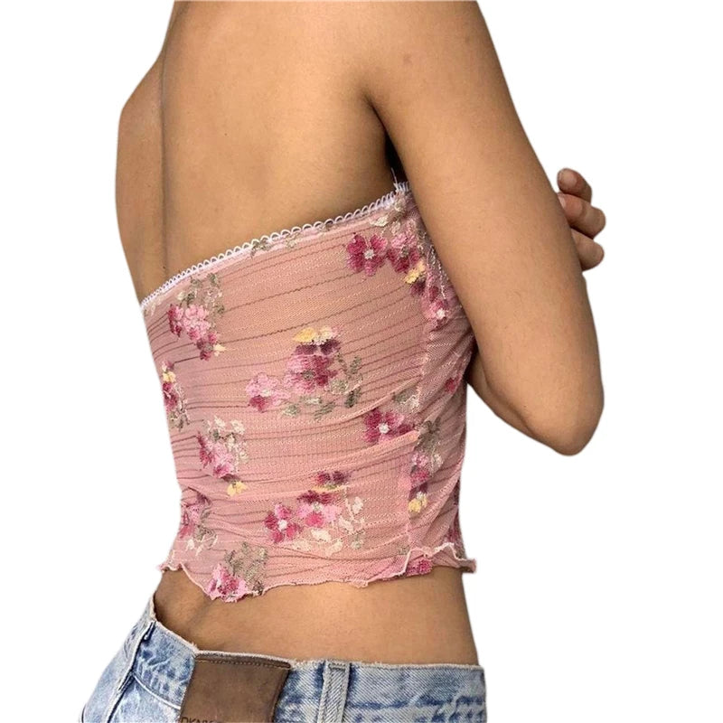 Xingqing y2k Off Shoulder Top Women Fairy Grunge Clothes Summer Sleeveless Lace Trim Patchwork Strapless Tshirt 2000s Streetwear