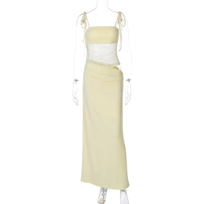 Sexy Bandage Mesh Patchwork Long Dress for Women Lace-up See-through Asymmetrical Evening Party Dresses Lady Gowns High Street