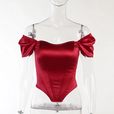 Cryptographic Off Shoulder Satin Sexy Backless Bustier Corset Crop Tops Women Sleeveless Summer Top Cropped Club Fashion Outfits