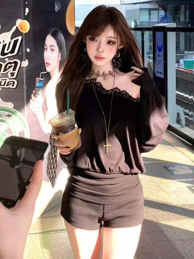 Woman Sweet Fashion Suit Casual Y2k Crop Tops +  A-line Mini Shorts Skirt Low Waist Slim Shorts Skirt Spicy Girls Streetwear Set