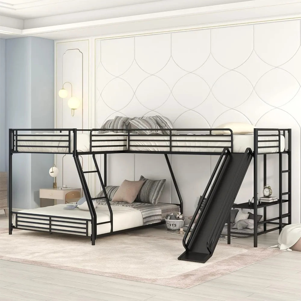 SOFTSEA Twin Over Full Bunk Bed with Twin Loft Bed, Heavy Duty L-Shaped Triple Metal Bunk Bed Frame with Desk and Slide for 3 Pe