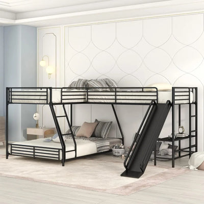 SOFTSEA Twin Over Full Bunk Bed with Twin Loft Bed, Heavy Duty L-Shaped Triple Metal Bunk Bed Frame with Desk and Slide for 3 Pe