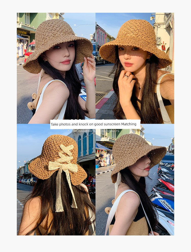 Straw Hat Female Summer New French Woven Bows Sun-Proof Bucket Hat Fresh Beach Trip Vacation Sun Hat
