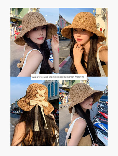 Straw Hat Female Summer New French Woven Bows Sun-Proof Bucket Hat Fresh Beach Trip Vacation Sun Hat