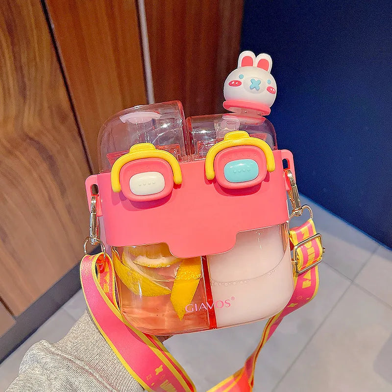 Drinking Bottle Large-Capacity Double-Bin Plastic Straw Cup Children Portable Carrying Water Bottle with High Beauty Cartoon Out