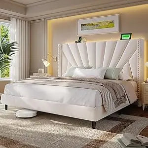 King Size Bed Frame with 51" Tall Headboard Wingback, Velvet Upholstered Platform Bed with Charging Station & LED Lights