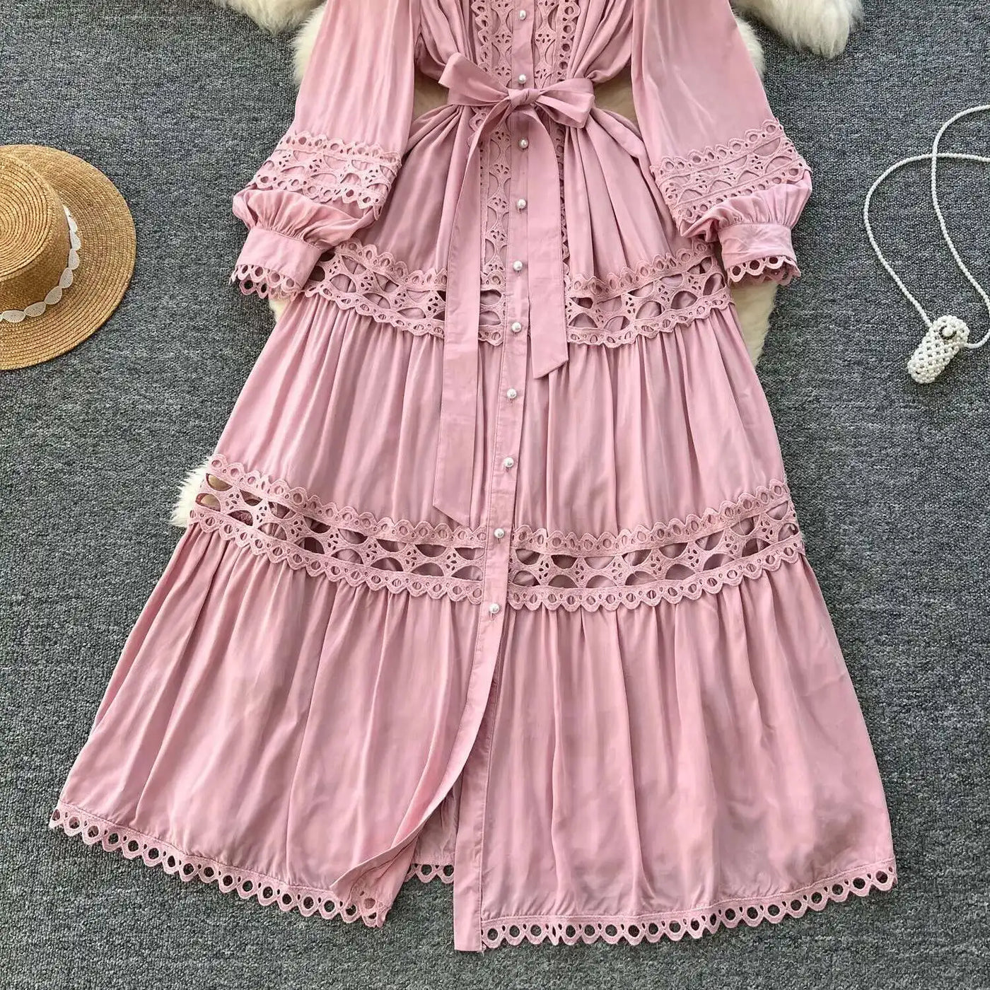 Elegant Long Maxi Hollow Out Dress Shirt Women Summer Autumn Palace Retro Pearl Button Embroidery Crochet Evening Party Vestidos